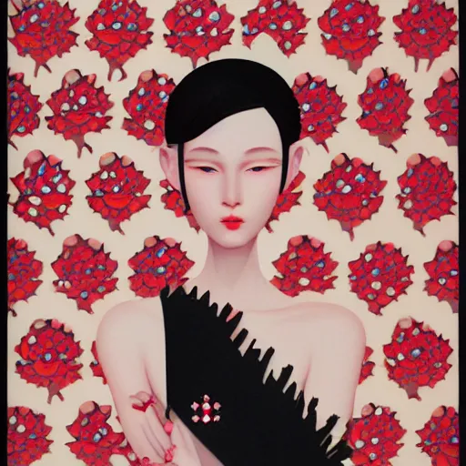 Image similar to 2 d generative art, detailed concept art painting art deco pattern black diamonds + red flowers and diamonds by hsiao - ron cheng, no humans, exquisite detail