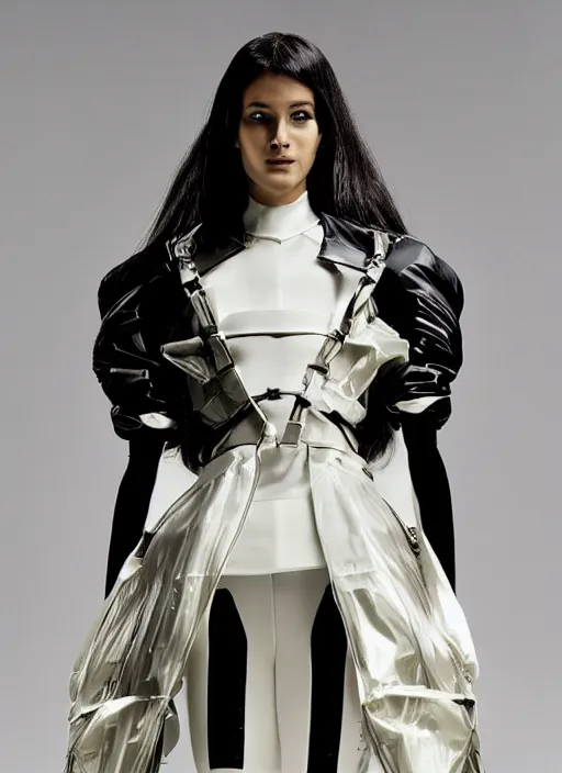 Prompt: a digital portrait of a beautiful model girl detailed features wearing a pilot latex suit wedding dress - chic trend. lots of zippers, pockets, synthetic materials, jumpsuits. by balenciaga and issey miyake by ichiro tanida and mitsuo katsui