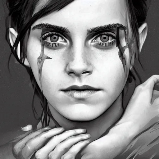 Image similar to Very funny Emma Watson looking like an old monkey, colorful painting on grey scale face, powerful , magic, thunders, dramatic lighting, intricate, wild, highly detailed, digital painting, artstation, concept art, smooth, sharp focus, illustration, art by artgerm and greg rutkowski and alphonse mucha, footage