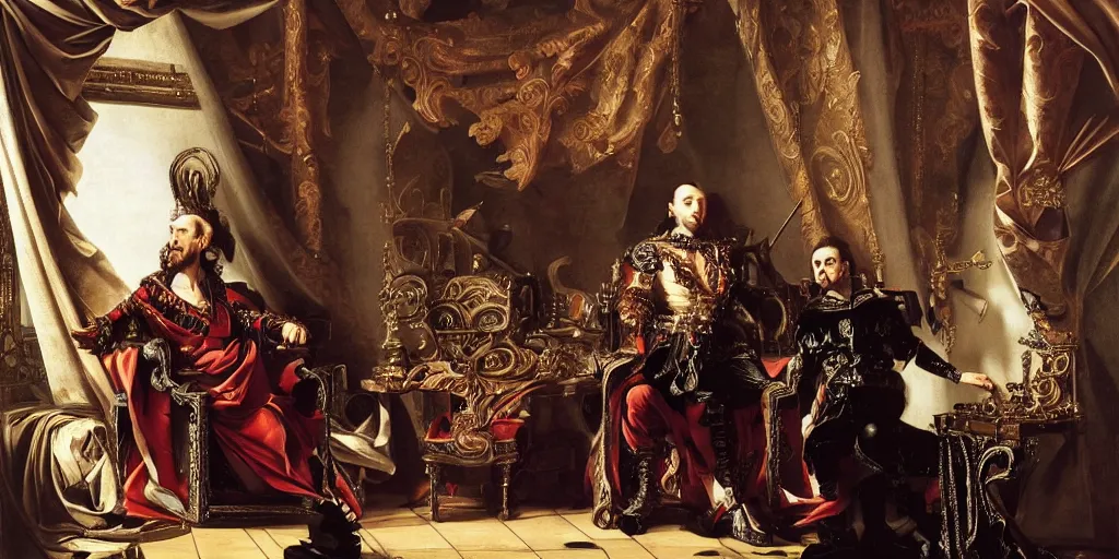 Image similar to epic, low angle, digital painting, of a 1 7 th century, decadent, cyborg king holding court in his throne room, dark hair, piercings, amber jewels, baroque, ornate dark red opulent clothing, scifi, futuristic, realistic, hyperdetailed, concept art, art by caravaggio, masterpiece