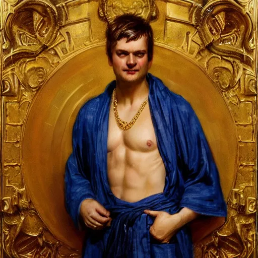 Prompt: detailed realistic cinematic wide shot of beautiful attractive muscular john green with gold chain wearing blue bath robe slim face symettrical face clean skin black eyes black robe smooth, sharp focus, ultra realistic, spring light, painting by gaston bussiere, craig mullins, j. c. leyendecker
