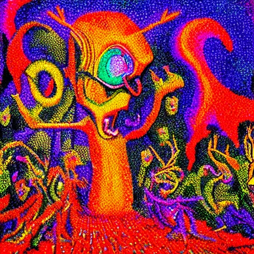 Prompt: demon carnival, pointillisme, vibrant colors