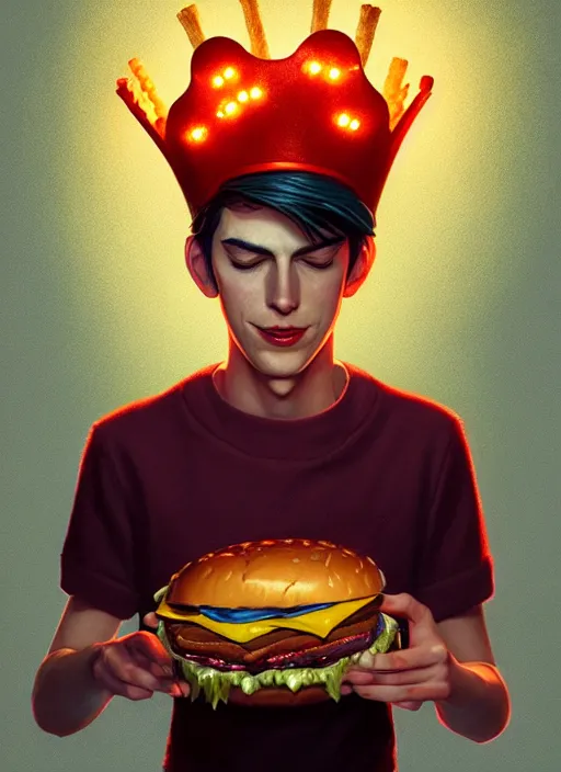 Image similar to portrait of jughead jones, eating a hamburger, wearing a crown, eyes closed, intricate, elegant, glowing lights, highly detailed, digital painting, artstation, concept art, smooth, sharp focus, illustration, art by wlop, mars ravelo and greg rutkowski