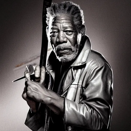 Image similar to photo of Morgan Freeman dressed as Negan, mischievous look with his barbed baseball bat Lucille on his shoulder, in the style of George Hurrell, white fog, octane render