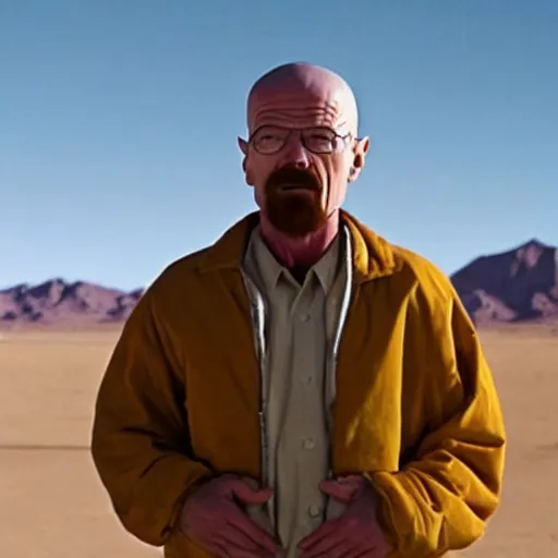 Prompt: walter white in shock with his mouth opened, crying, speechless, desert background, breaking bad