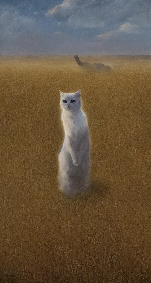 Image similar to a transparent!!! ghostly cat in the steppe, summer field, misty background, from the game pathologic 2, highly detailed, sharp focus, matte painting, by isaac levitan and asher brown durand,