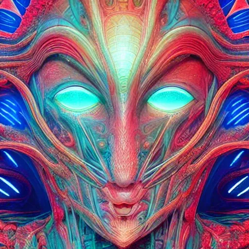 Image similar to Face of a Alien Deity, centered, corals, plume made of geometry, epic proportions, extremly detailed digital painting, sharp focus in the style of android jones, artwork of a futuristic artificial intelligence superstar with frames made of detailed circuits, mystical colors, rim light, beautiful lighting, 8k, stunning scene, raytracing, octane, under water visual distortion, dark tones colors, trending on artstation