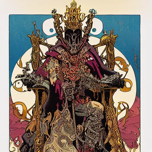 Prompt: an undead lich king on his throne, beautiful, richly colored, detailed intricate illustration by mike mignola and alphonse mucha and moebius