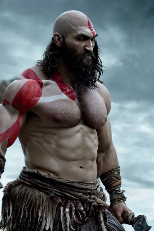 Image similar to film still from god of war, a highly detailed beautiful closeup photo of jason momoa kratos with long windblown wet hair holding a sword and fighting zombies on a pile of human skulls, spartan warrior, olympian god, muscular!,, action pose, ambient lighting, volumetric lighting, octane, fantasy