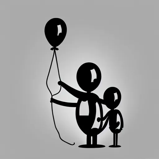 Image similar to book illustration of a balloon character holding a inflated human by a string, book illustration, monochromatic, white background, black and white image