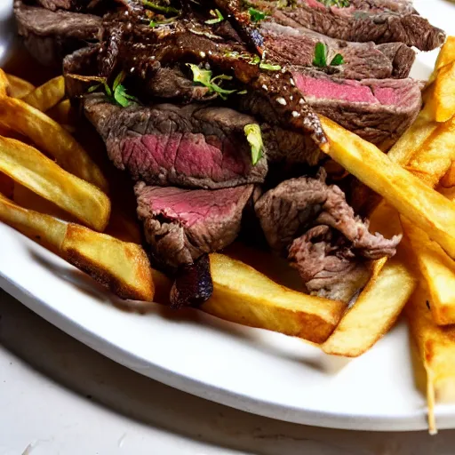 Prompt: french steak fries pile, burnt with ketschup - t