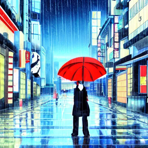 Image similar to a rainy city street in the style of japanese animation, trending on pixiv