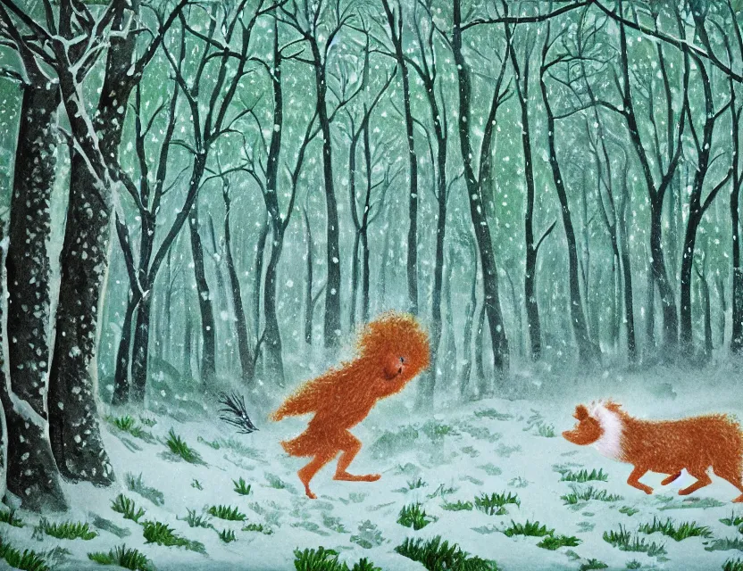 Prompt: lush green chia pet animal frolicking in snowy woods, stormy skies. russian fairytale art, gouache, dynamic composition, backlighting