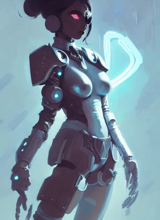 Image similar to portrait of cute goth girl in cyber armor, warhammer, by atey ghailan, by greg rutkowski, by greg tocchini, by james gilleard, by joe fenton, by kaethe butcher, dynamic lighting, gradient light blue, brown, blonde cream and white color scheme, grunge aesthetic