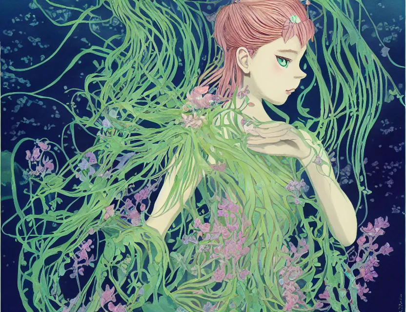 Prompt: fairy princess of the kelp forest. gouache painting by award - winning mangaka, chiaroscuro, bloom, backlighting, intricate details