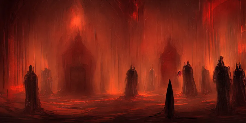 Prompt: dark satanist figures, red smoke, turned cross, inside big golden church hallway, creepy, concept art, style of anato finnstark,