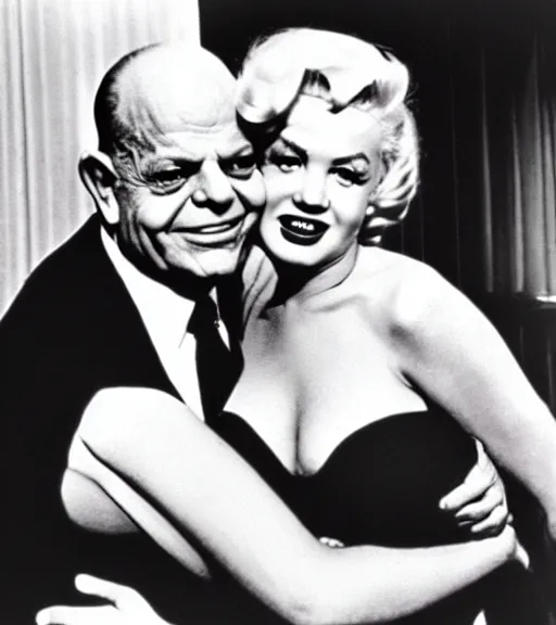 Prompt: young Don Rickles hugging marlin monroe, color photo, highly detailed, real life
