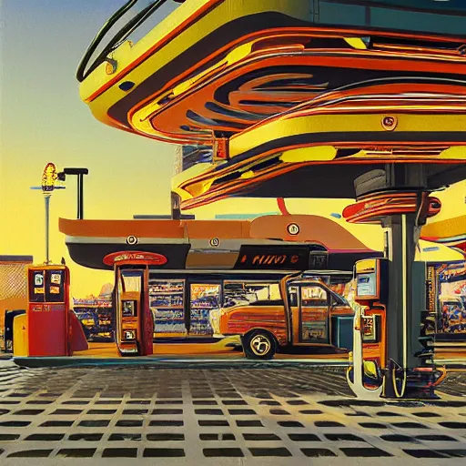 Prompt: painting of syd mead artlilery scifi gas station with ornate metal work lands on a sidewalk, filigree ornaments, volumetric lights, simon stalenhag