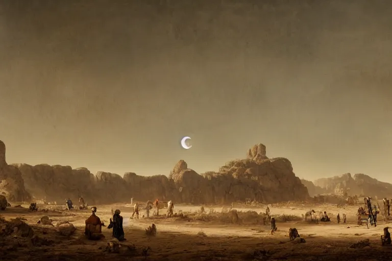 Prompt: ghosts on the desert, portrait faces, moon on the horizon, the most extreme loneliness and an enormous silence all around, in the style of samuel prout, highly detailed, elegant, intrincate, colorful, vivid, realist style, hyperdetailed, 4 k resolution, matte painting