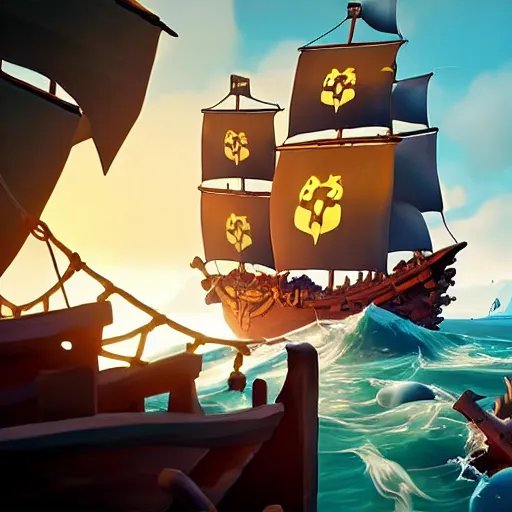 Image similar to sea of thieves scene with a hedgehog on a pirate ship, digital art, epic lighting, game screenshot, danish flag, danish flag on top of ship