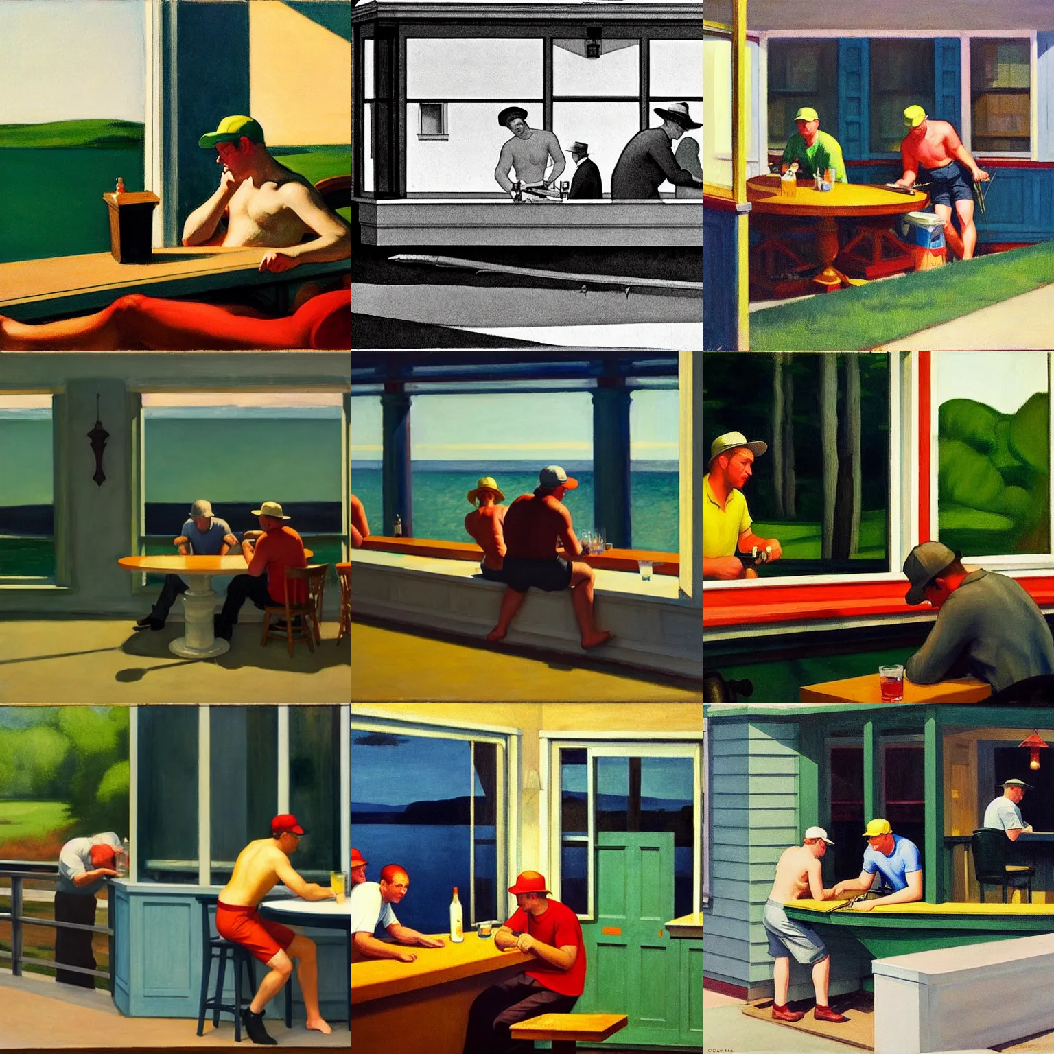 Prompt: guys binge drinking and fishing, inspired by edward hopper