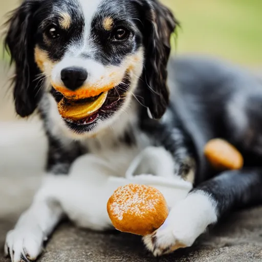 Image similar to photo of cute dog eating bagles from mesh bag, shallow depth of field, cinematic, 8 0 mm, f 1. 8