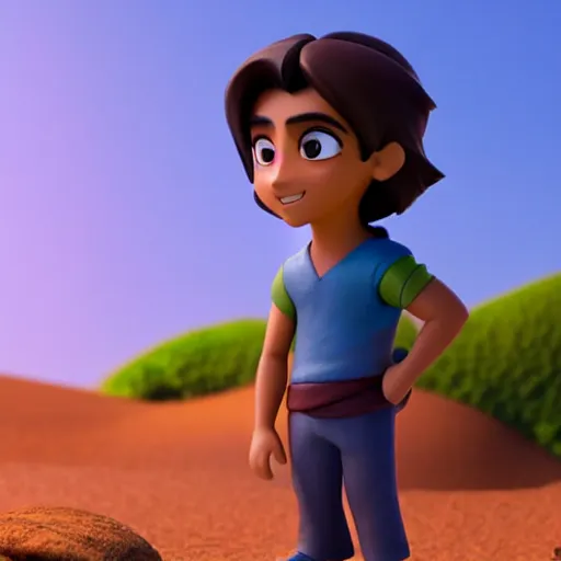 Prompt: profile view of young aladdin as nendoroid walking in a desert in the croods movie style, wearing typical clothes, 8 k, hd, dof, kodak film, volumetric lighting, subsurface scattering, photorealistic, octane render