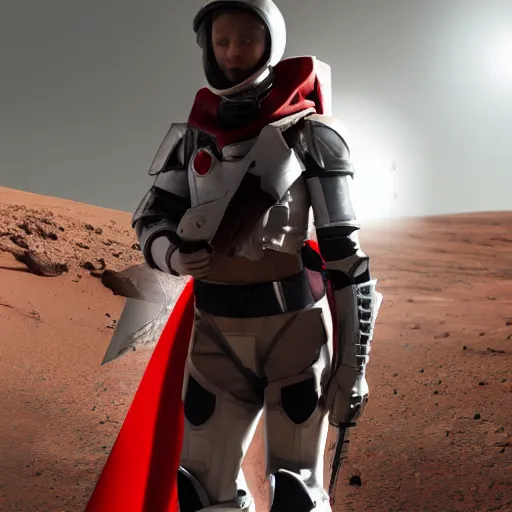 Image similar to a young female soldier, no makeup, wearing glossy sleek white bloodstained dinged scuffed armor and a long torn red cape, heroic posture, determined expression, elegant, no helmet, on the surface of mars, dramatic lighting, cinematic, sci-fi, hyperrealistic, detailed