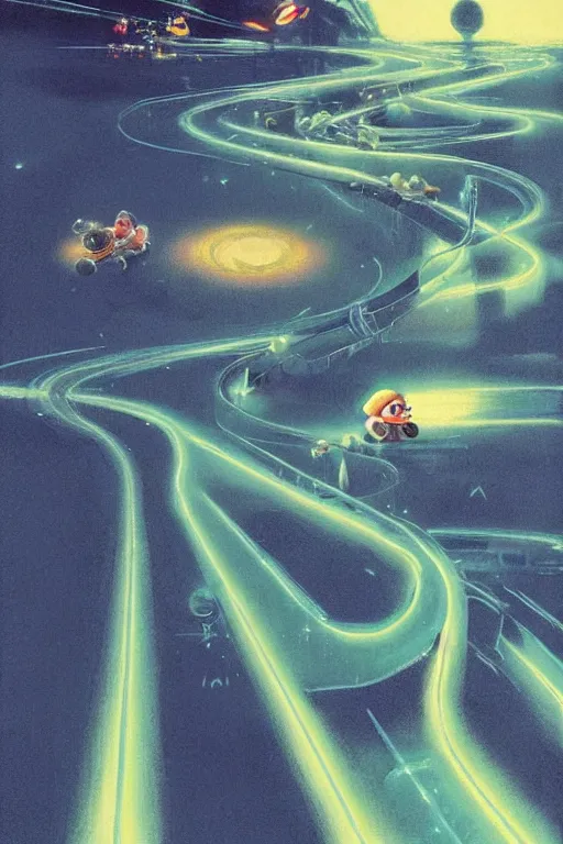 Prompt: mario kart, art by bruce pennington, trending on artstation, bioluminescence closeup view illustrator, american romanticism, very very elegant, 4 k hd, bauhaus