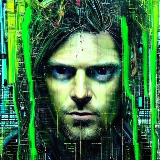 Prompt: hyperrealistic portrait of a cyberpunk man, long hair, confident, cybernetics, immersed within a network, by Guy Denning, Derek Gores, Russ Mills, glitch art, hyper focus, fined detail, polished, complex, hacking effects, holographic, digital tech effects, color blocking!, green, realistic, acrylic on canvas, concept art, abstract!, 8k, concept art, octane, cgsociety, trending on artstation