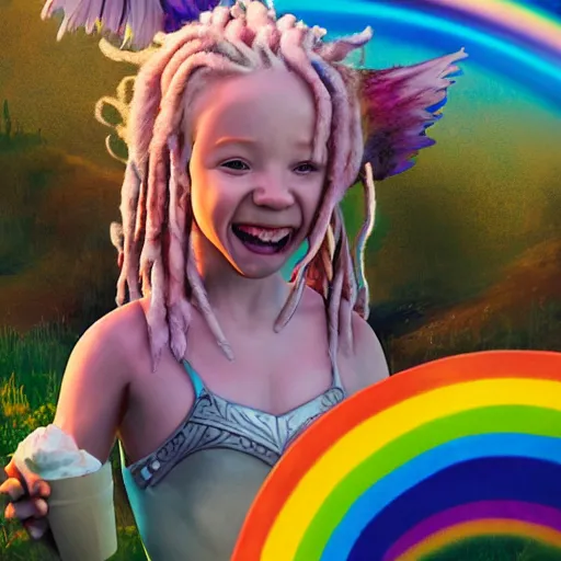 Prompt: An epic fantasy comic book style portrait painting of an adorable little albino girl with blonde dreads eating ice cream, smiling, sitting on top of a rainbow, atmospheric fantasy setting, unreal 5, DAZ, hyperrealistic, octane render, RPG portrait, ambient light, dynamic lighting