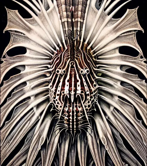 Image similar to detailed realistic beautiful lionfish goddess face portrait by jean delville, gustave dore, iris van herpen and marco mazzoni, art forms of nature by ernst haeckel, art nouveau, symbolist, visionary, gothic, neo - gothic, pre - raphaelite, fractal lace, intricate alien botanicals, ai biodiversity, surreality, hyperdetailed ultrasharp octane render