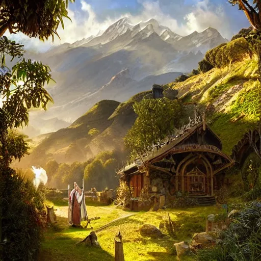 Image similar to a lord of the rings village in large new zealand landscape, shiny colors, high - key lighting, beautiful composition, intricate, elegant, pro photography by, highly detailed, art by artgerm and greg rutkowski and alphonse mucha