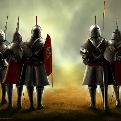 Prompt: realistic, 5 medieval knights, soldiers, in line, pikes, hellbards, banner, flag, mist, picture from behind, epic, digital art, illustration, fantasy, realistic sketch, dark