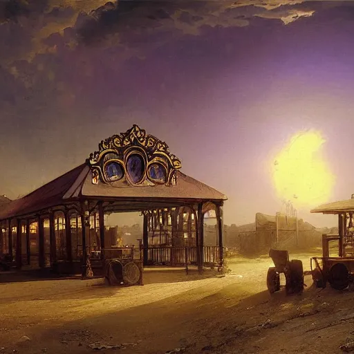 Prompt: painting of moebius artlilery scifi organic shaped gas station with ornate metal work lands on a farm, fossil ornaments, volumetric lights, purple sun, andreas achenbach