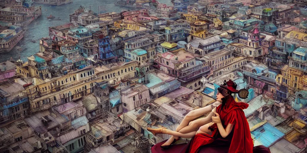 Prompt: movie closeup a colorful fashion icon is sitting on the top of a roof. the amazing floating neoclassical city, fantasy, steampunk, intricate, amazing composition, gloomy by emmanuel lubezki