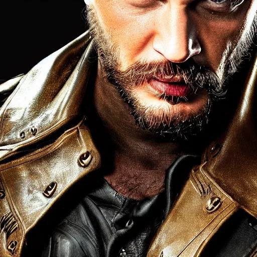 Image similar to Tom Hardy as wolverine in Black Damaged leather suit Digital art 4K quality