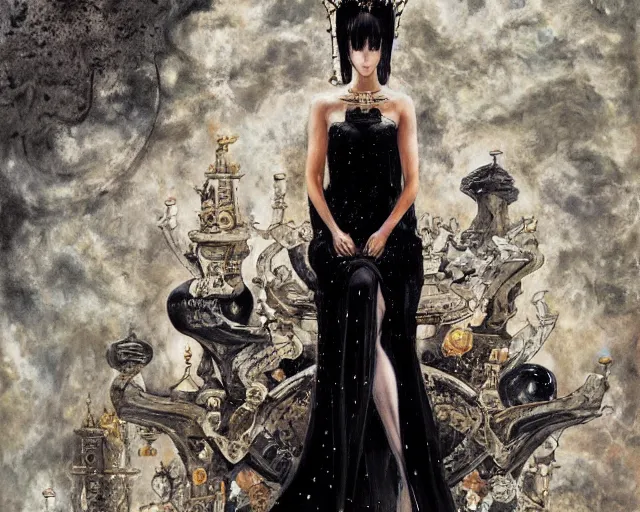 Image similar to an illustration of a queen wearing a beautiful black dress on a stone throne by yoshitaka amano, by katsuhiro otomo realistic, detailed, oil painting