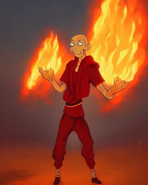 Prompt: squidward wearing fire nation clothing and practicing firebending outside at susnset, greg rutkowski