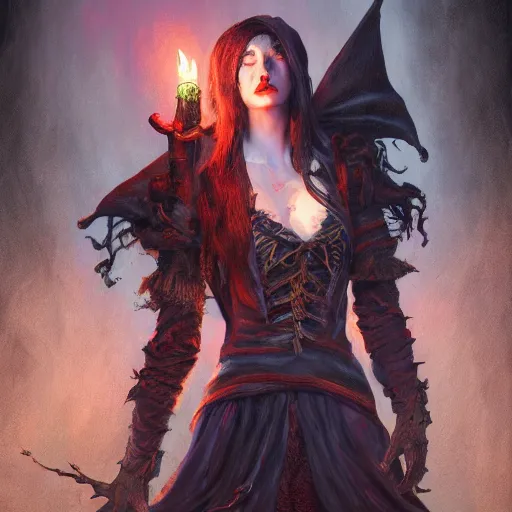 Image similar to Scary witch, fantasy, medieval, vivid colors, elegant, concept art, sharp focus, digital art, Hyper-realistic, 4K, Unreal Engine, Highly Detailed, HD, Dramatic Lighting by Brom, trending on Artstation