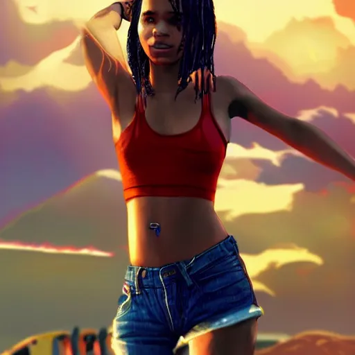 Image similar to zoe kravitz as a california surfer girl, full body shot, gta 5 cover art, hd digital art, trending on artstation