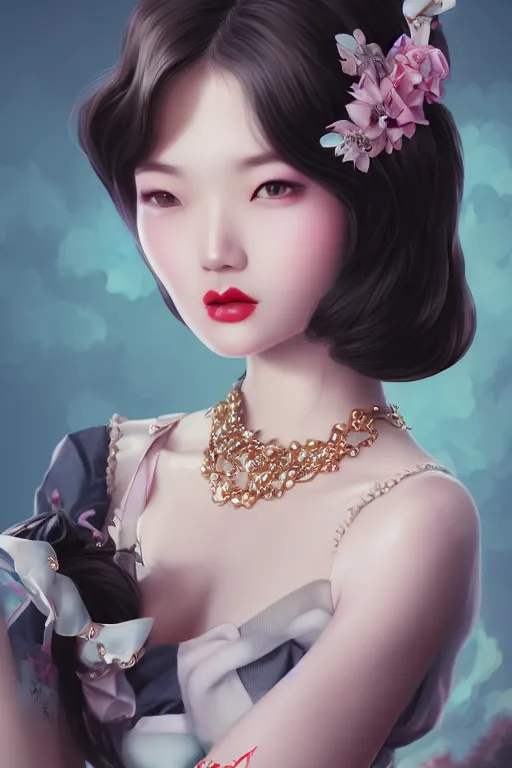 Image similar to a pin up and beautiful fashion and charming and dreamlke asian girl, lv jewelry, art by artgerm & jeehyung lee & wlop, hyperdetailed, 8 k realistic, symmetrical, frostbite 3 engine, cryengine, dof, trending on artstation, digital art, lv, dior