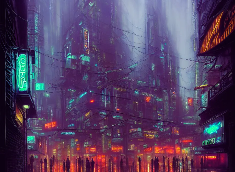 Image similar to rainy night in a cyberpunk city, neon lights, intricate, elegant, highly detailed, centered, digital painting, artstation, concept art, smooth, sharp focus, illustration, artgerm, tomasz alen kopera, peter mohrbacher, donato giancola, joseph christian leyendecker, wlop, boris vallejo