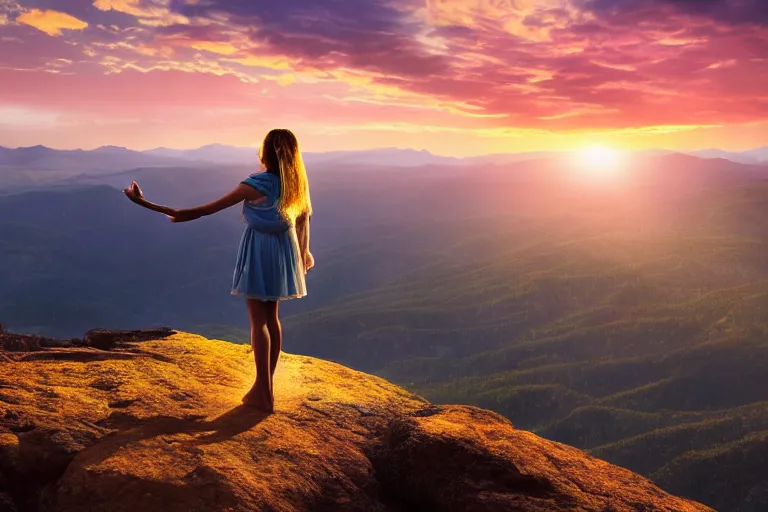 Image similar to painting of a mystical creature holding a source of light in her hands she is on top of a mountain, contemplating her existence in a beautiful sunset near dusk, cinematic composition