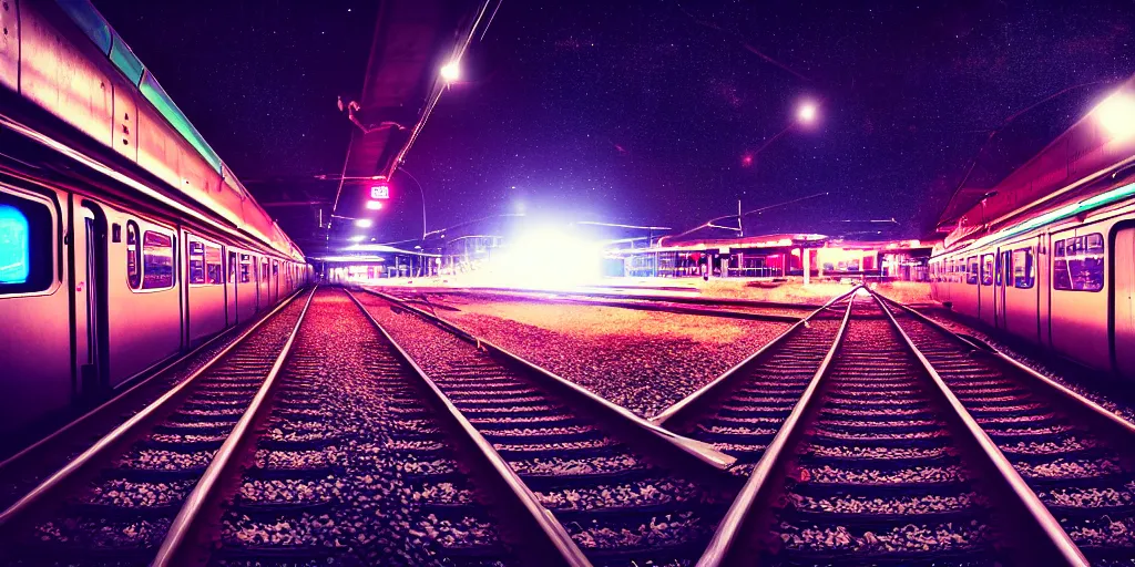 Image similar to train platform in space, nostalgic atmosphere, photo, neon lights