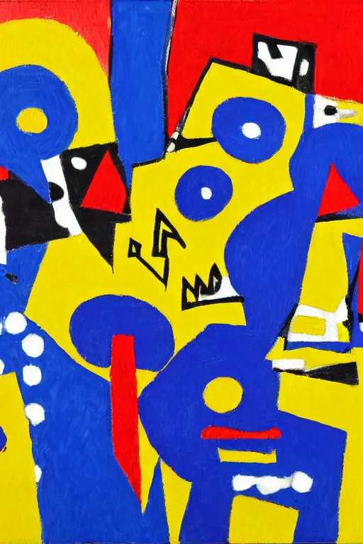 Prompt: Abstract painting representation of jazz musicians, the letters JAZZ in the style of Stuart Davis colors cobalt blue, ultramarine blue, yellow, red, white, black