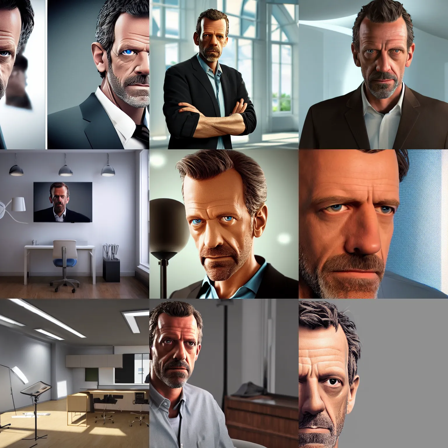 Prompt: crisp quality and light reflections, photorealistic portrait, studio lighting, still photo of dr gregory house, bright studio setting, highly detailed, unreal engine 5 quality render