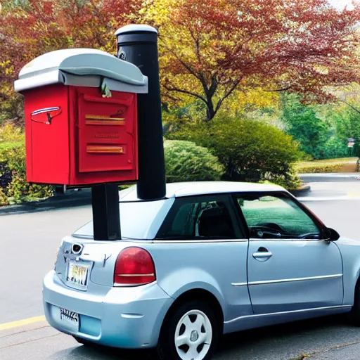 Image similar to a ((tiny)) car next to a mailbox