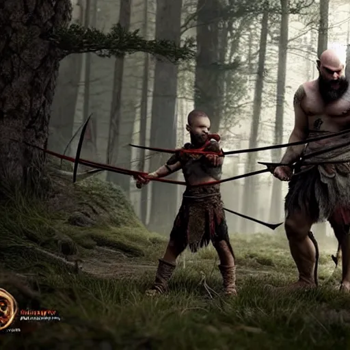 Image similar to kratos teaching atreus how to hunt deer with a bow in a forest, stunning 3 d render inspired art by greg rutkowski and xiang duan and thomas eakes, perfect facial symmetry, flesh texture, realistic, highly detailed attributes and atmosphere, dim volumetric cinematic lighting, 8 k octane detailed render, post - processing, masterpiece, rtx on, rendering on unreal engine