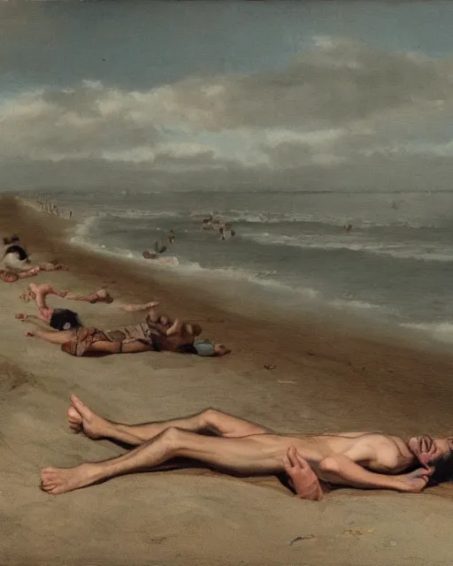 Image similar to photos of a gigantic, thousand foot long, man lying unconscious on a beach surrounded by thousands of tiny onlookers. he is wearing clothes from the 1 7 th century. cinematic and atmospheric